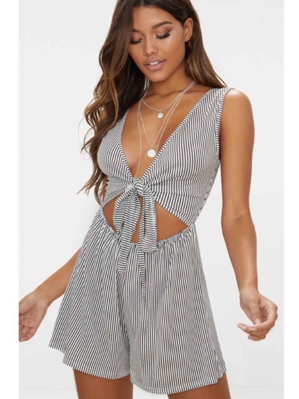 PrettyLittleThing Black & White Striped Tie-Front Playsuit